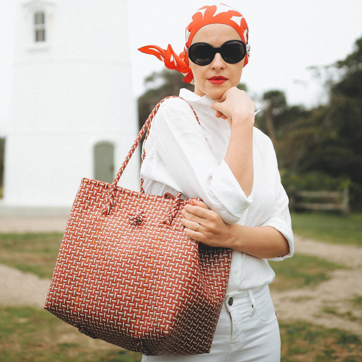 TOKO Recycled Woven Tote Bag, in Red & White