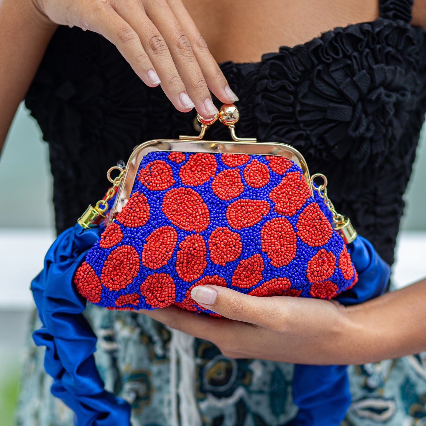 ARNOLDI Mandy Hand-beaded Clutch, in Savoy Blue & Red