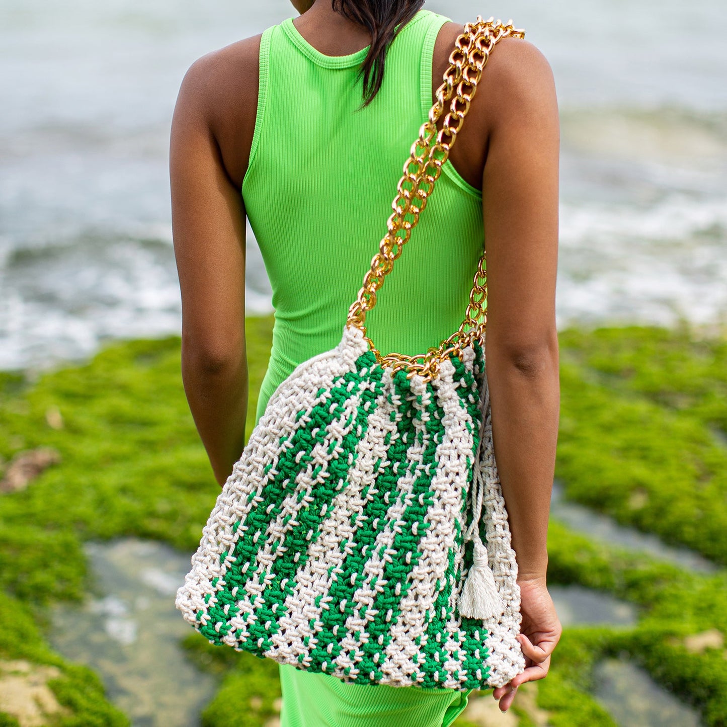 COLETTE Macrame Beach Bag In Green X Off-White