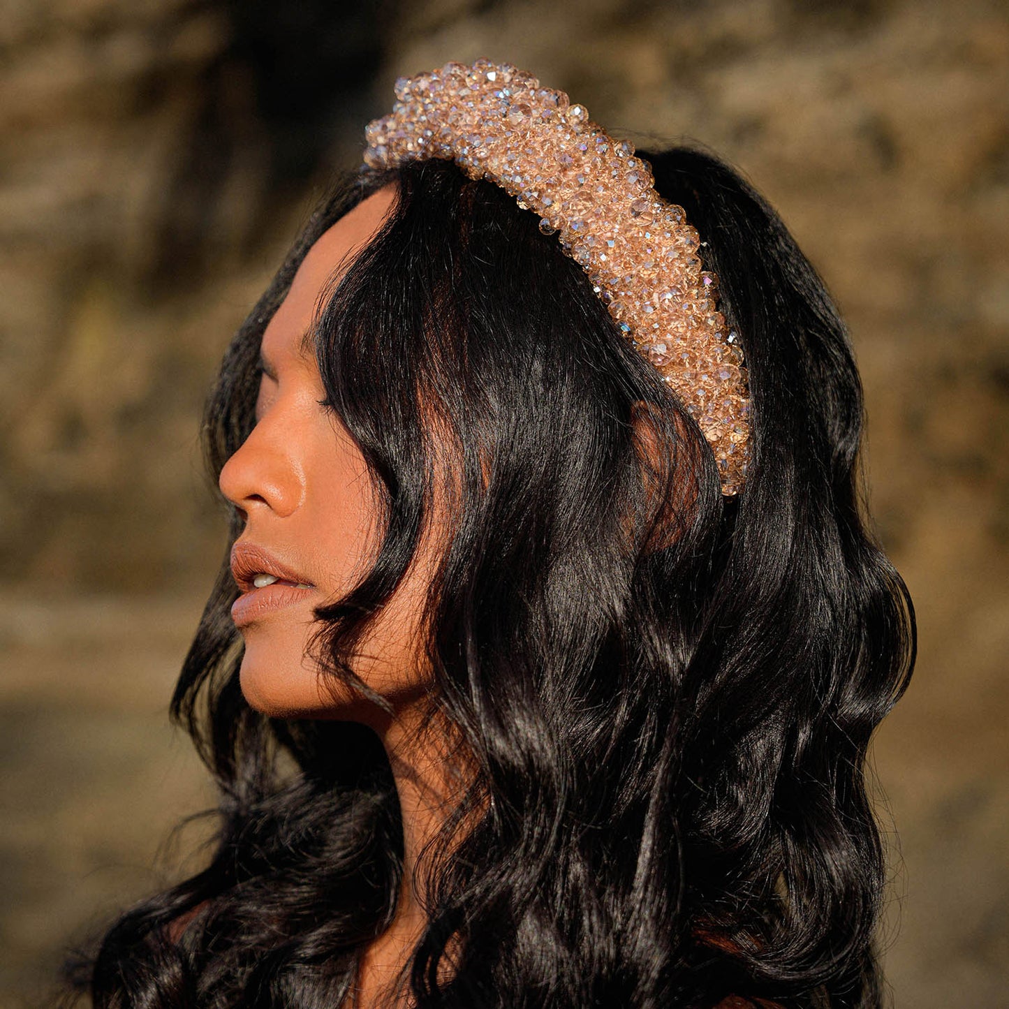 CROWN Glass Crystal Beads Headband In Champagne Beige