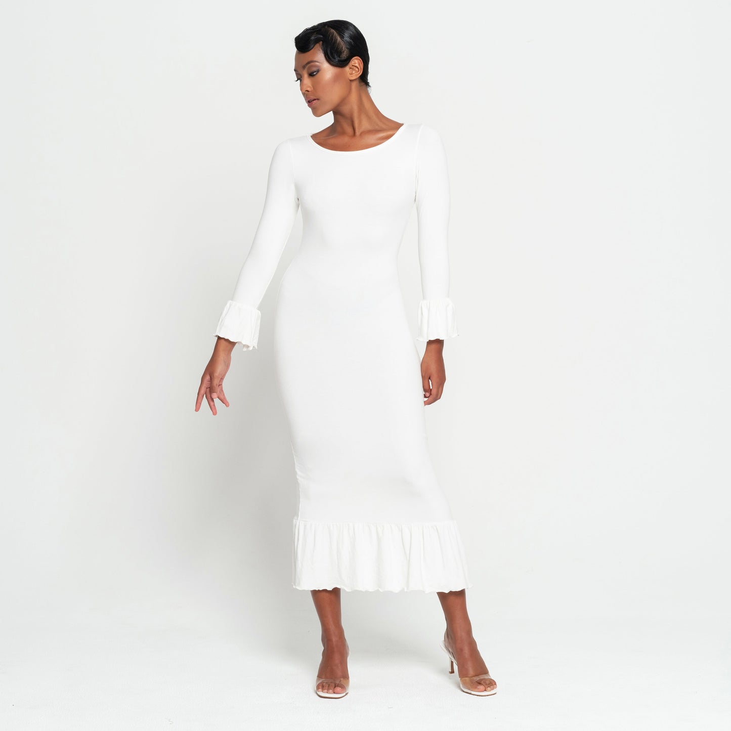 MARJORIE Bamboo Ruffle Dress, in Off-white