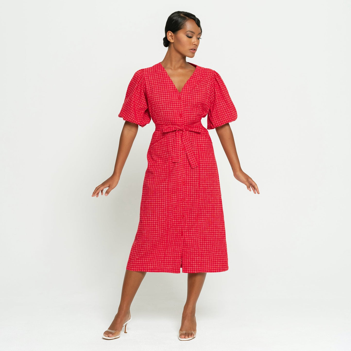 MEGHAN Gingham Hemp Midi Dress, in Scarlet Red