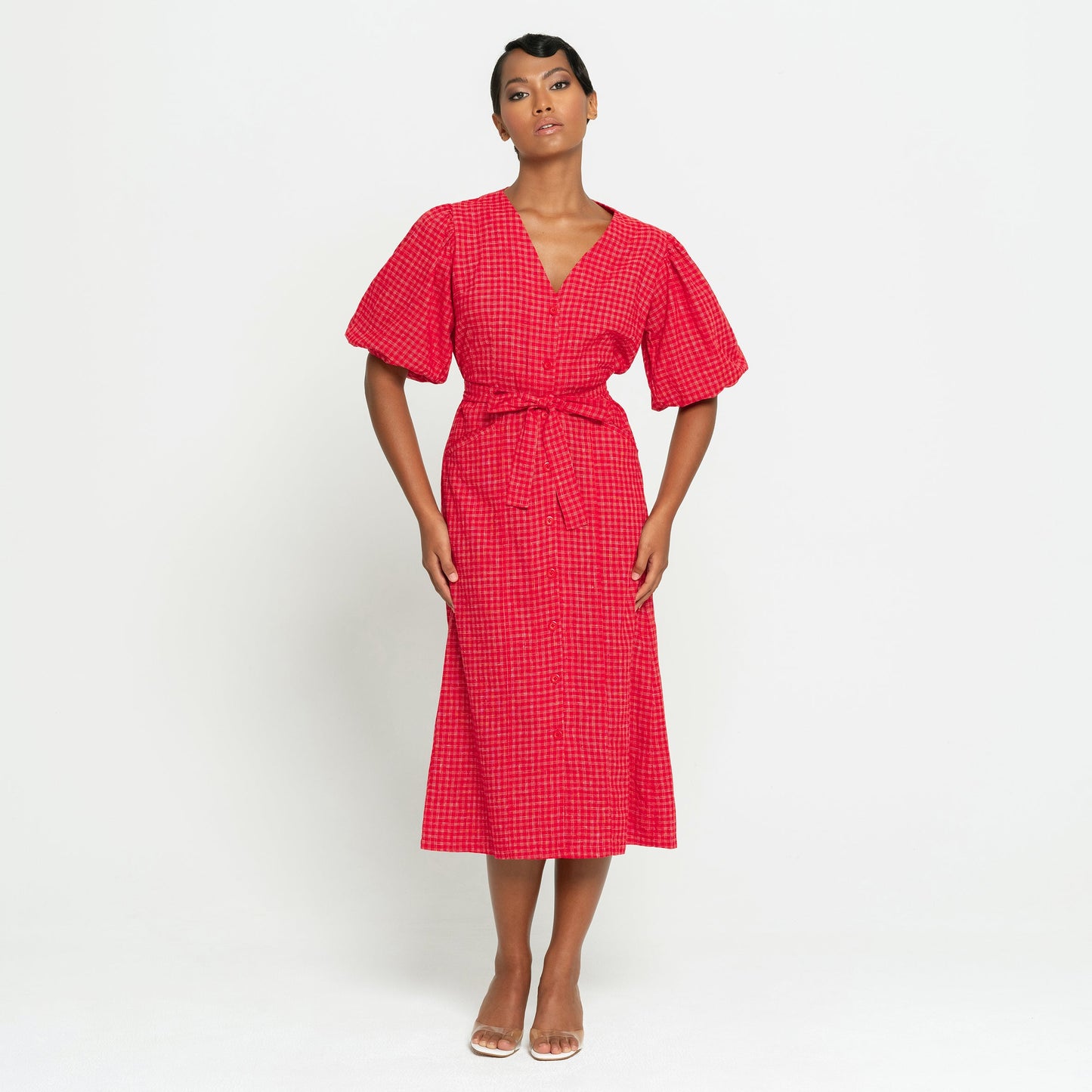 MEGHAN Gingham Hemp Midi Dress, in Scarlet Red