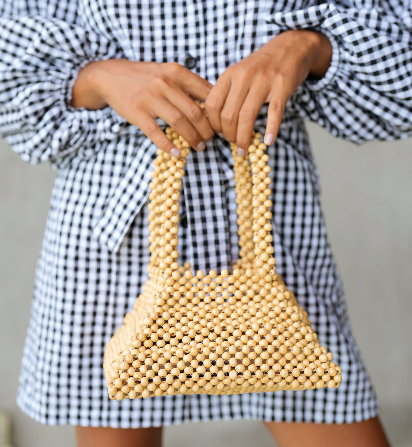 Pyramid Beaded Tote Bag in Toasted Beige