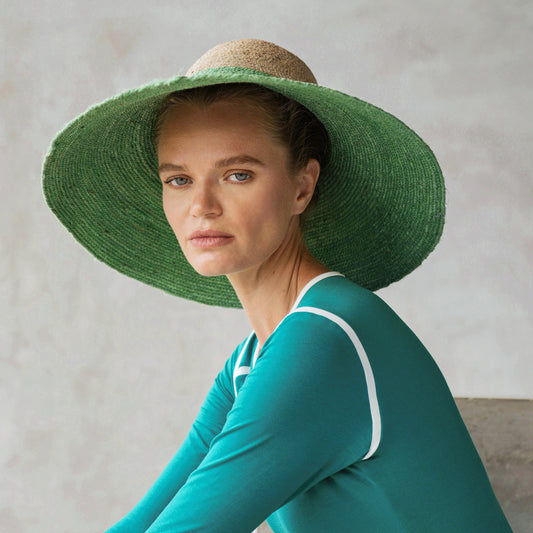 RIRI Duo Jute Handwoven Straw Hat In Natural & Kelly Green