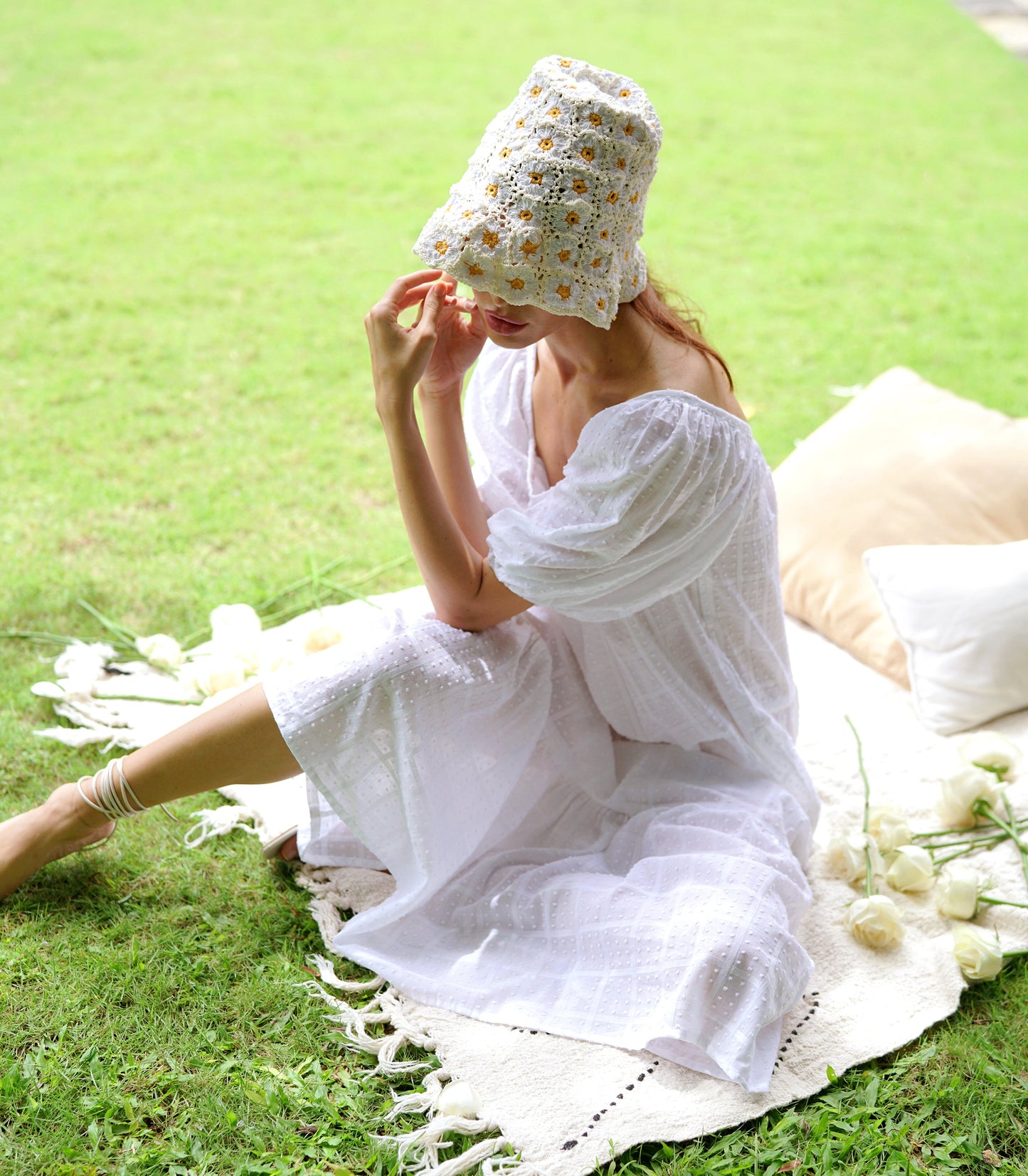 Rosemary Dotted Plaid Cotton Dress, in Off white