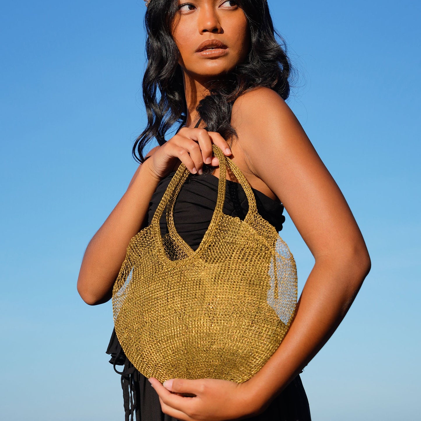 SOL Mesh Wire Tote Bag in Dark Gold